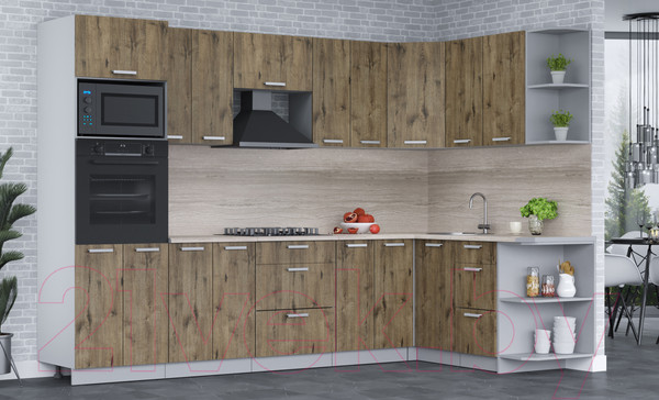 Изображение товара Кухонный гарнитур Интерлиния Мила Лайт 1.68x3.0 правая (дуб веллингтон/дуб веллингтон/травертин серый)