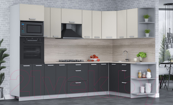 Изображение товара Кухонный гарнитур Интерлиния Мила Лайт 1.68x3.0 правая (персидский жемчуг/антрацит/травертин серый)