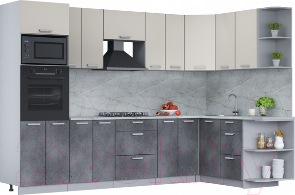 Изображение товара Кухонный гарнитур Интерлиния Мила Лайт 1.68x3.0 правая (персидский жемчуг/бетон портленд/серый каспий)