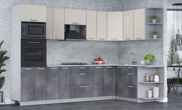 Изображение товара Кухонный гарнитур Интерлиния Мила Лайт 1.68x3.0 правая (персидский жемчуг/бетон портленд/серый каспий)