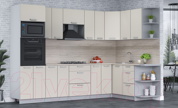 Изображение товара Кухонный гарнитур Интерлиния Мила Лайт 1.68x3.0 правая (персидский жемчуг/перс. жемчуг/травертин серый)