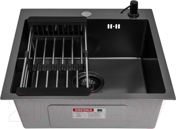 Изображение товара Мойка кухонная Arfeka Eco AR 50x50 + CL AR + DS AR (Black Decor PVD Nano, с дозатором и коландером)