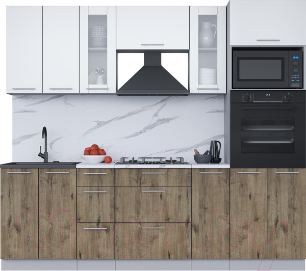 Изображение товара Кухонный гарнитур Интерлиния Мила 2.4 ВТ (белый платинум/дуб веллингтон/белый гранит)