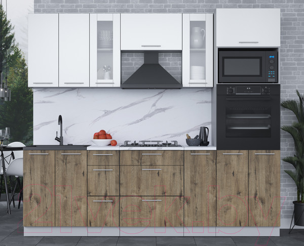 Изображение товара Кухонный гарнитур Интерлиния Мила 2.4 ВТ (белый платинум/дуб веллингтон/белый гранит)