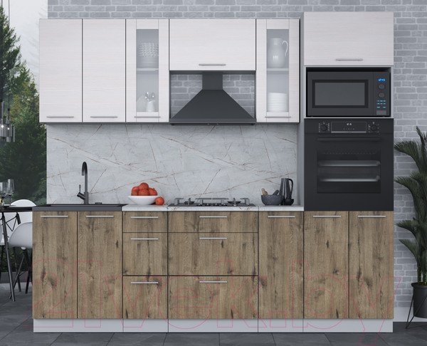 Изображение товара Кухонный гарнитур Интерлиния Мила 2.4 ВТ (вудлайн кремовый/дуб веллингтон/серый каспий)