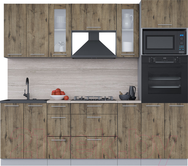 Изображение товара Кухонный гарнитур Интерлиния Мила 2.4 ВТ (дуб веллингтон/дуб веллингтон/травертин серый)