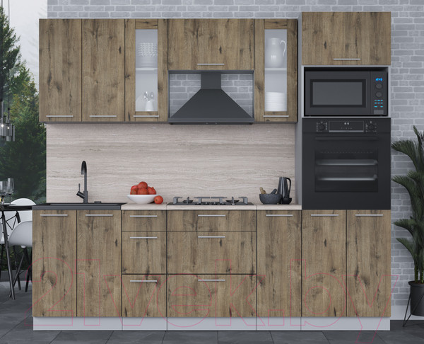 Изображение товара Кухонный гарнитур Интерлиния Мила 2.4 ВТ (дуб веллингтон/дуб веллингтон/травертин серый)