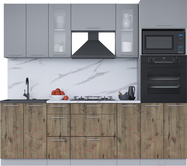 Изображение товара Кухонный гарнитур Интерлиния Мила 2.4 ВТ (серебро/дуб веллингтон/белый гранит)