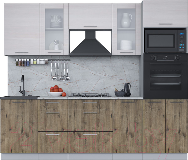 Изображение товара Кухонный гарнитур Интерлиния Мила 2.5 ВТ (вудлайн кремовый/дуб веллингтон/серый каспий)