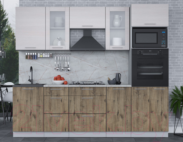 Изображение товара Кухонный гарнитур Интерлиния Мила 2.5 ВТ (вудлайн кремовый/дуб веллингтон/серый каспий)