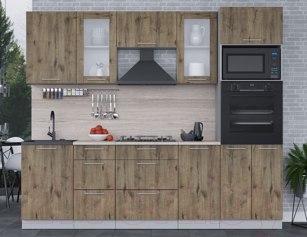 Изображение товара Кухонный гарнитур Интерлиния Мила 2.5 ВТ (дуб веллингтон/дуб веллингтон/травертин серый)