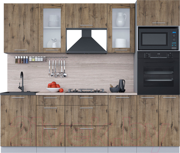 Изображение товара Кухонный гарнитур Интерлиния Мила 2.5 ВТ (дуб веллингтон/дуб веллингтон/травертин серый)