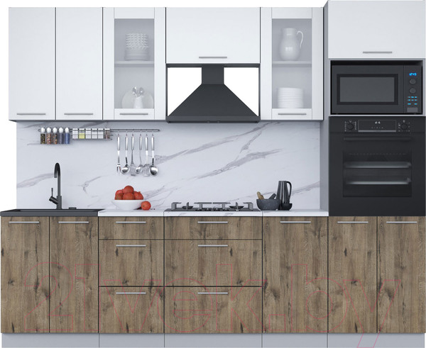 Изображение товара Кухонный гарнитур Интерлиния Мила 2.6 ВТ (белый платинум/дуб веллингтон/белый гранит)