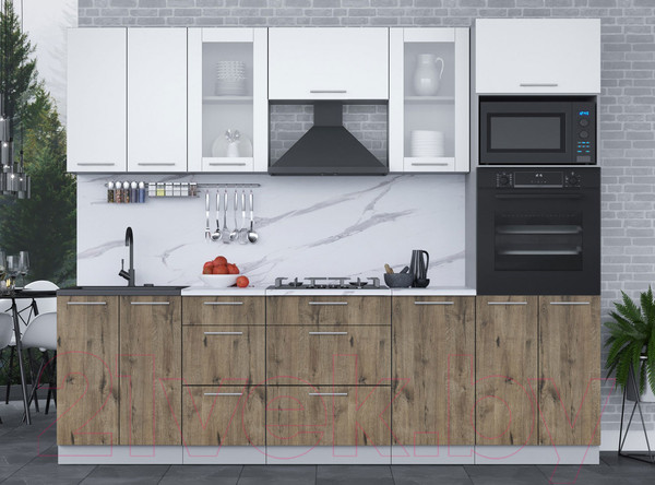 Изображение товара Кухонный гарнитур Интерлиния Мила 2.6 ВТ (белый платинум/дуб веллингтон/белый гранит)