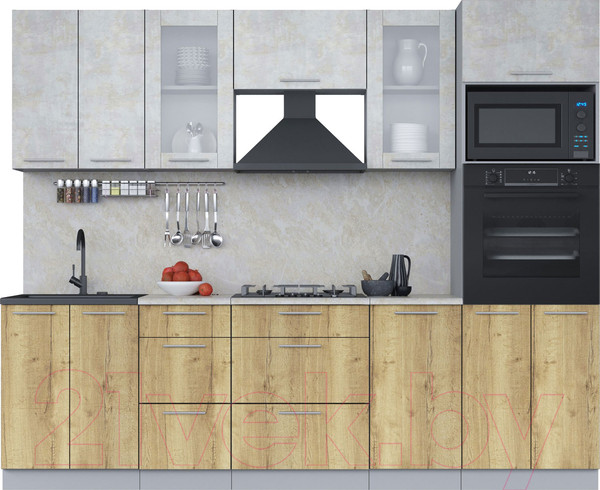 Изображение товара Кухонный гарнитур Интерлиния Мила 2.6 ВТ (бетон лайт/дуб золотой/опал светлый)