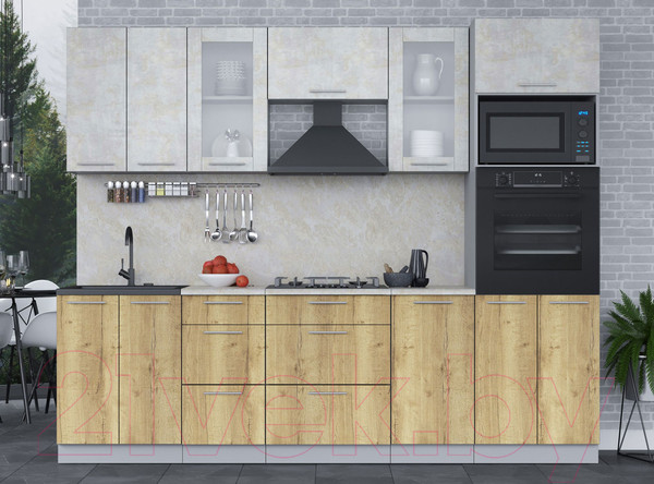 Изображение товара Кухонный гарнитур Интерлиния Мила 2.6 ВТ (бетон лайт/дуб золотой/опал светлый)