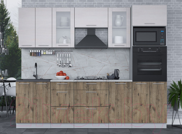 Изображение товара Кухонный гарнитур Интерлиния Мила 2.6 ВТ (вудлайн кремовый/дуб веллингтон/серый каспий)