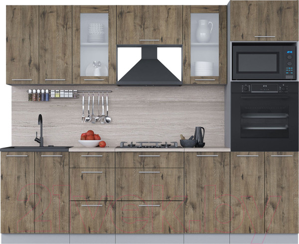 Изображение товара Кухонный гарнитур Интерлиния Мила 2.6 ВТ (дуб веллингтон/дуб веллингтон/травертин серый)