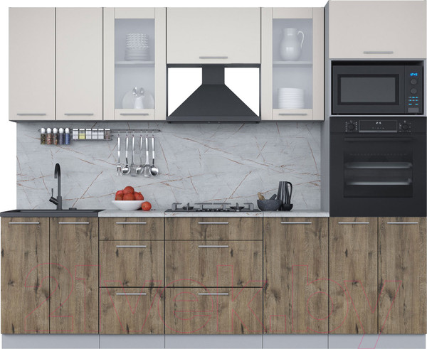 Изображение товара Кухонный гарнитур Интерлиния Мила 2.6 ВТ (персидский жемчуг/дуб веллингтон/серый каспий)