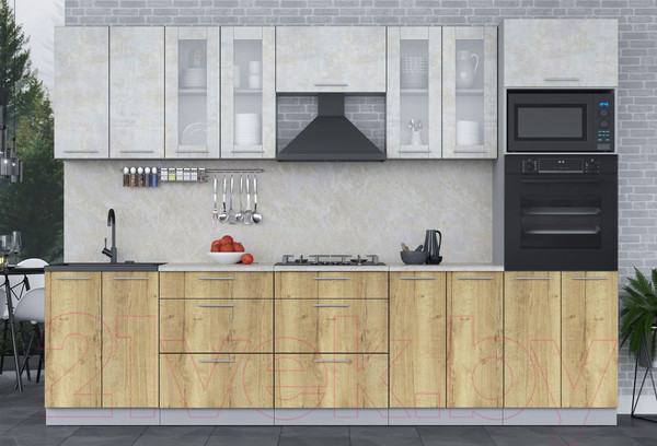 Изображение товара Кухонный гарнитур Интерлиния Мила 3.0 ВТ (бетон лайт/дуб золотой/опал светлый)