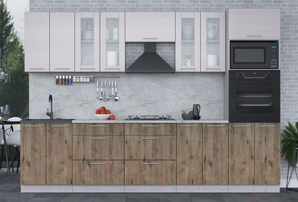 Изображение товара Кухонный гарнитур Интерлиния Мила 3.0 ВТ (вудлайн кремовый/дуб веллингтон/серый каспий)