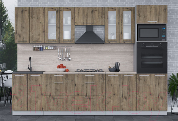 Изображение товара Кухонный гарнитур Интерлиния Мила 3.0 ВТ (дуб веллингтон/дуб веллингтон/травертин серый)