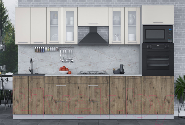 Изображение товара Кухонный гарнитур Интерлиния Мила 3.0 ВТ (персидский жемчуг/дуб веллингтон/серый каспий)