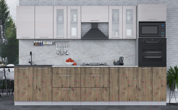 Изображение товара Кухонный гарнитур Интерлиния Мила 3.2 ВТ (вудлайн кремовый/дуб веллингтон/серый каспий)