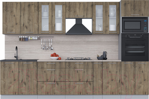 Изображение товара Кухонный гарнитур Интерлиния Мила 3.2 ВТ (дуб веллингтон/дуб веллингтон/травертин серый)