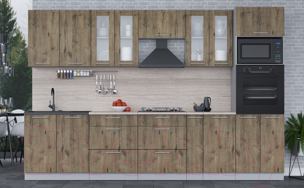 Изображение товара Кухонный гарнитур Интерлиния Мила 3.2 ВТ (дуб веллингтон/дуб веллингтон/травертин серый)