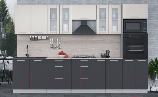 Изображение товара Кухонный гарнитур Интерлиния Мила 3.2 ВТ (персидский жемчуг/антрацит/травертин серый)