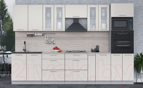 Изображение товара Кухонный гарнитур Интерлиния Мила 3.2 ВТ (персидский жемчуг/персидский жемчуг/травертин серый)