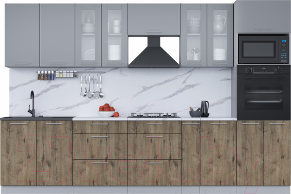 Изображение товара Кухонный гарнитур Интерлиния Мила 3.2 ВТ (серебро/дуб веллингтон/белый гранит)