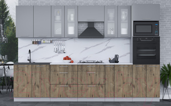 Изображение товара Кухонный гарнитур Интерлиния Мила 3.2 ВТ (серебро/дуб веллингтон/белый гранит)