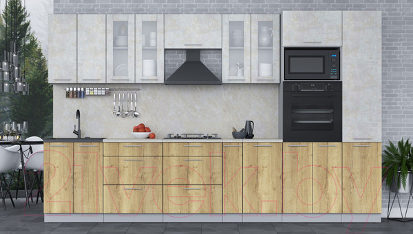 Изображение товара Кухонный гарнитур Интерлиния Мила 3.4 ВТ (бетон лайт/дуб золотой/опал светлый)