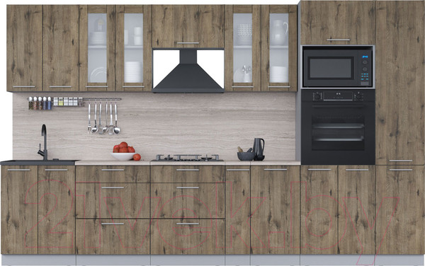 Изображение товара Кухонный гарнитур Интерлиния Мила 3.4 ВТ (дуб веллингтон/дуб веллингтон/травертин серый)