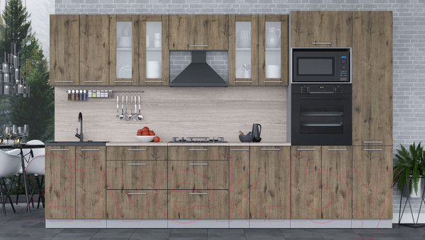 Изображение товара Кухонный гарнитур Интерлиния Мила 3.4 ВТ (дуб веллингтон/дуб веллингтон/травертин серый)