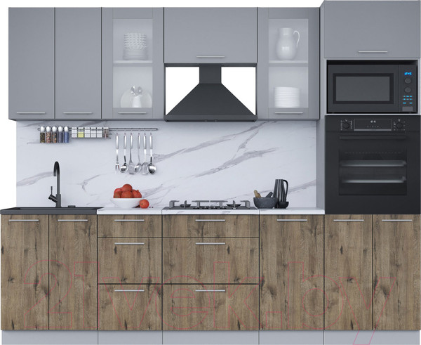 Изображение товара Кухонный гарнитур Интерлиния Мила 2.6 ВТ (серебро/дуб веллингтон/белый гранит)