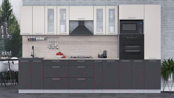 Изображение товара Кухонный гарнитур Интерлиния Мила 3.4 ВТ (персидский жемчуг/антрацит/травертин серый)