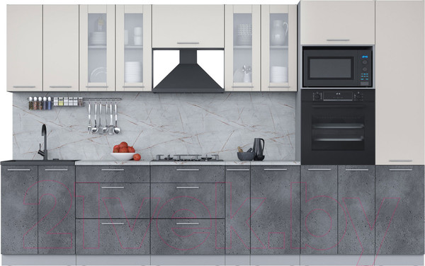 Изображение товара Кухонный гарнитур Интерлиния Мила 3.4 ВТ (персидский жемчуг/бетон портленд/серый каспий)