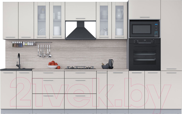 Изображение товара Кухонный гарнитур Интерлиния Мила 3.4 ВТ (персидский жемчуг/персидский жемчуг/травертин серый)