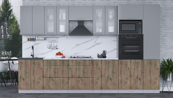 Изображение товара Кухонный гарнитур Интерлиния Мила 3.4 ВТ (серебро/дуб веллингтон/белый гранит)