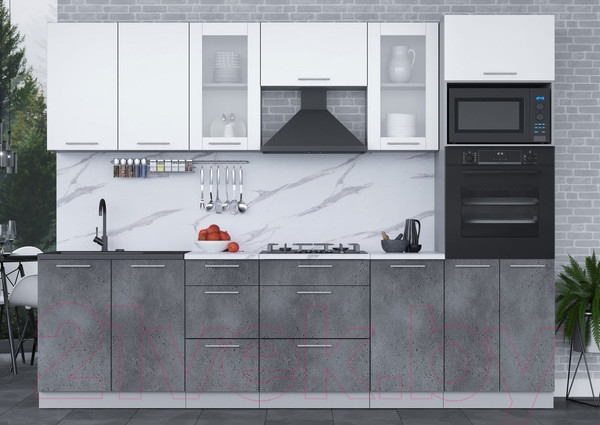 Изображение товара Кухонный гарнитур Интерлиния Мила 2.8 ВТ (белый платинум/бетон портленд/белый гранит)