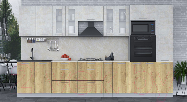 Изображение товара Кухонный гарнитур Интерлиния Мила 3.6 ВТ (бетон лайт/дуб золотой/опал светлый)