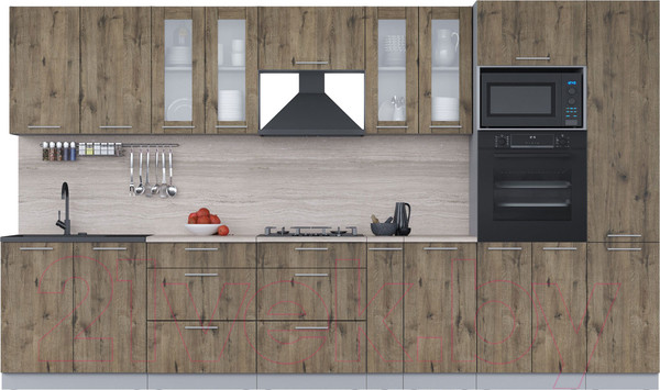 Изображение товара Кухонный гарнитур Интерлиния Мила 3.6 ВТ (дуб веллингтон/дуб веллингтон/травертин серый)