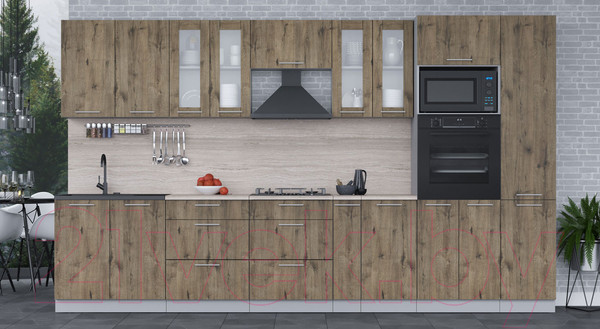 Изображение товара Кухонный гарнитур Интерлиния Мила 3.6 ВТ (дуб веллингтон/дуб веллингтон/травертин серый)