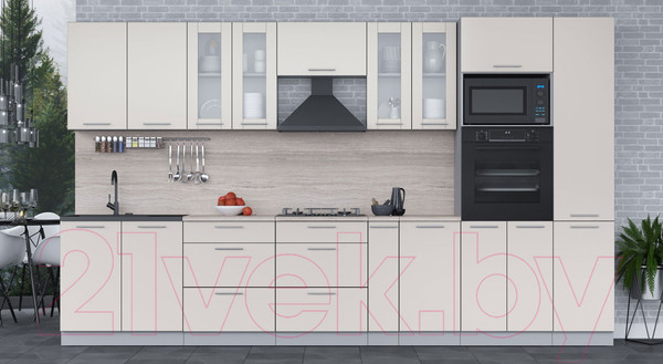 Изображение товара Кухонный гарнитур Интерлиния Мила 3.6 ВТ (персидский жемчуг/персидский жемчуг/травертин серый)