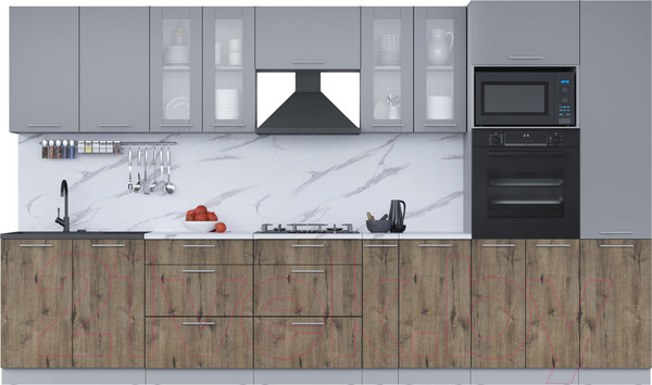 Изображение товара Кухонный гарнитур Интерлиния Мила 3.6 ВТ (серебро/дуб веллингтон/белый гранит)