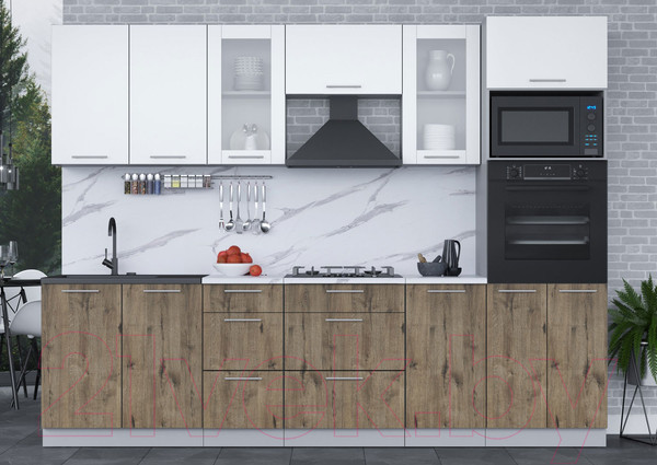 Изображение товара Кухонный гарнитур Интерлиния Мила 2.8 ВТ (белый платинум/дуб веллингтон/белый гранит)