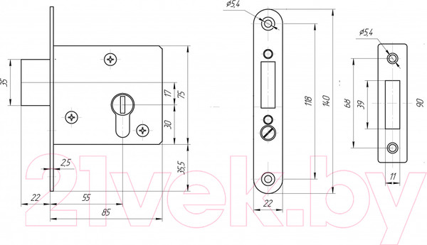 Изображение товара Замок врезной Омега ЗВ1-2 (4 ключа)